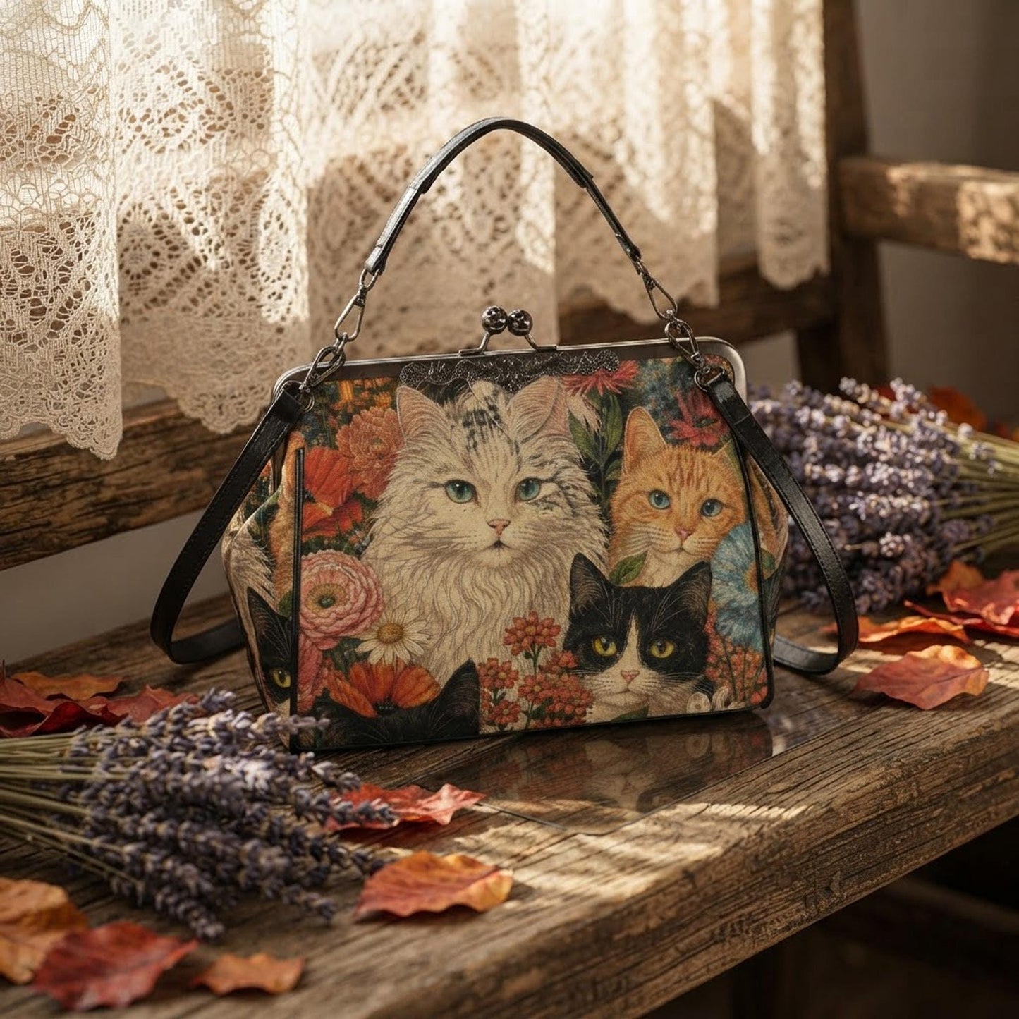 Cat Kiss Lock Bag, Waxed PU Leather Crossbody with Floral Design