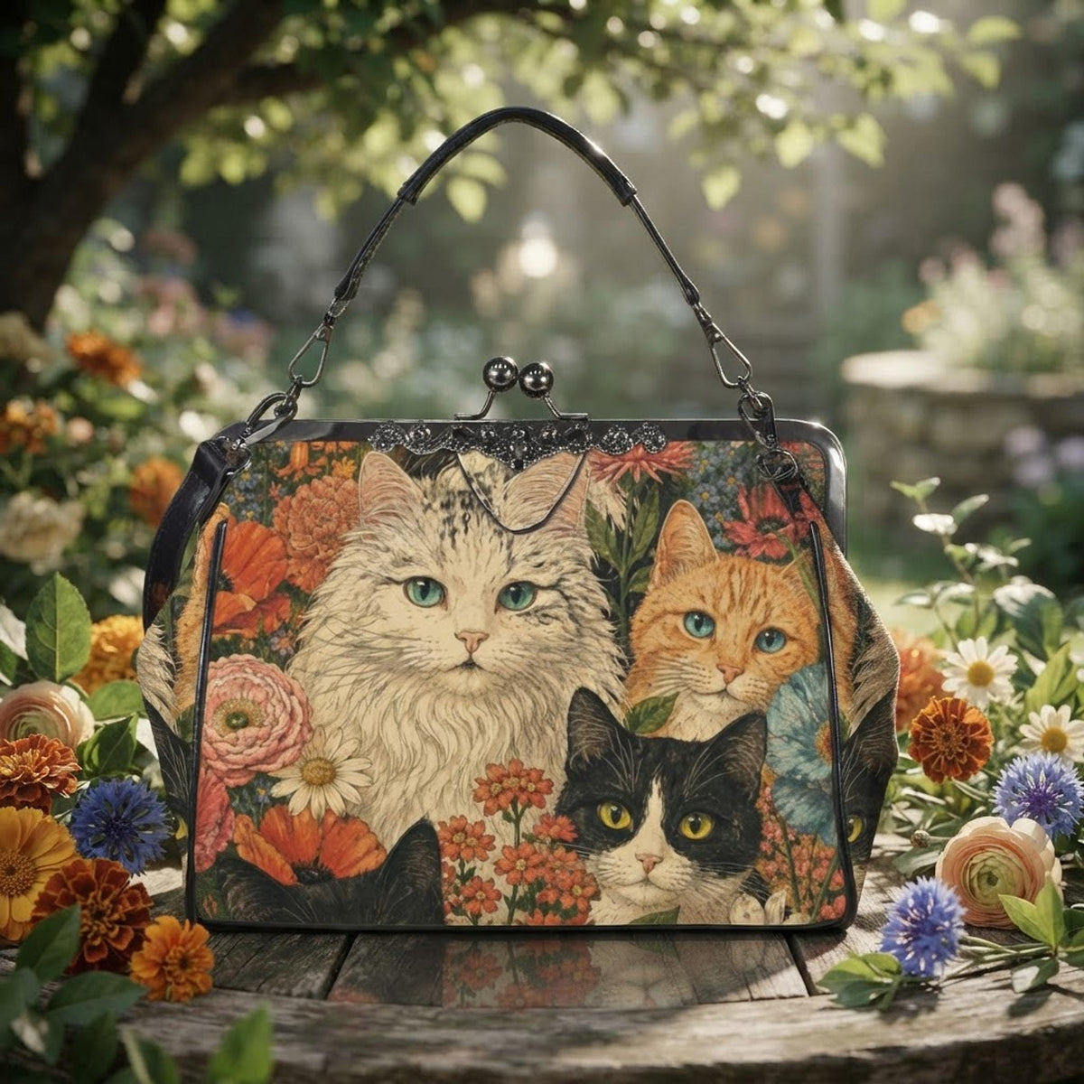 Cat Kiss Lock Bag, Waxed PU Leather Crossbody with Floral Design