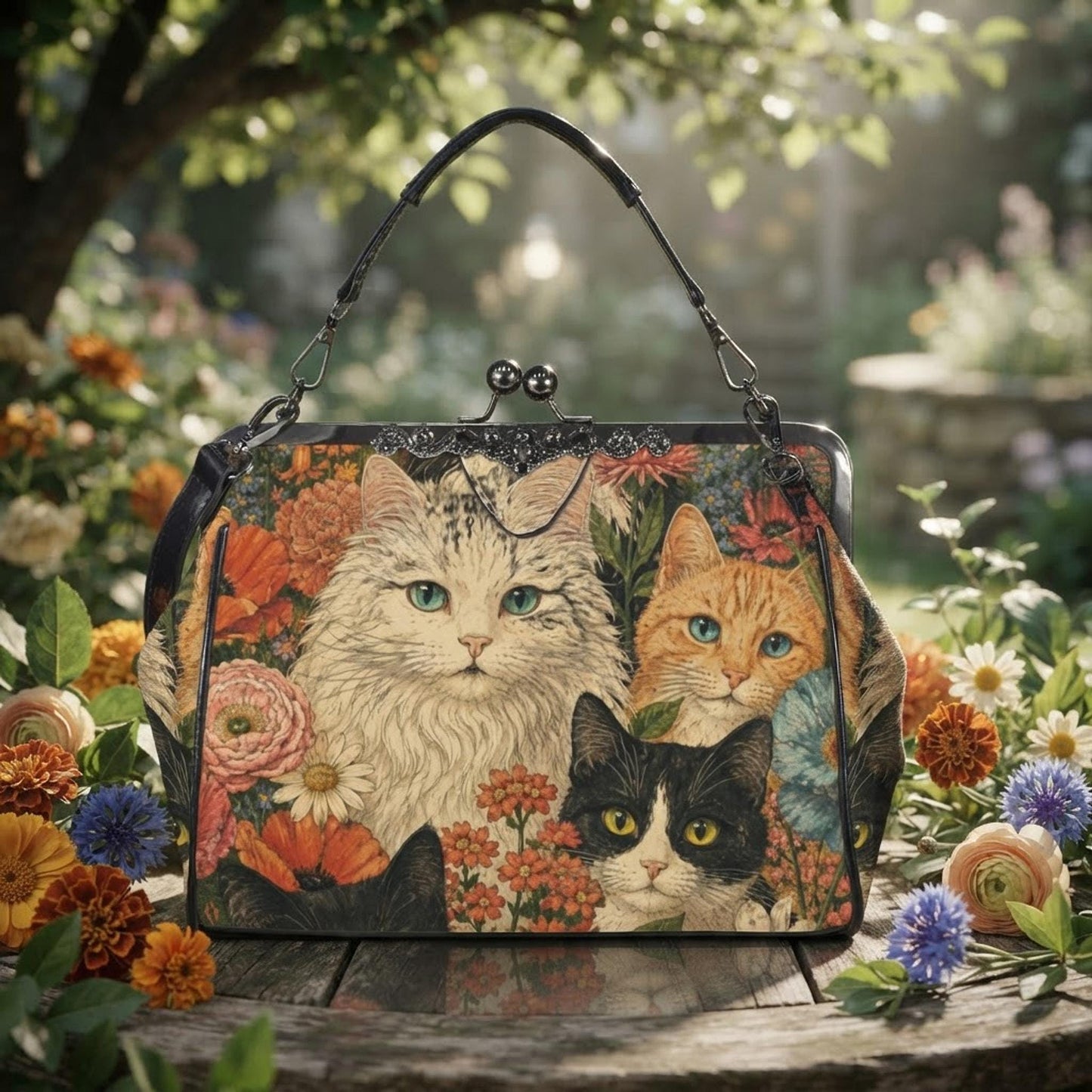 Cat Kiss Lock Bag, Waxed PU Leather Crossbody with Floral Design