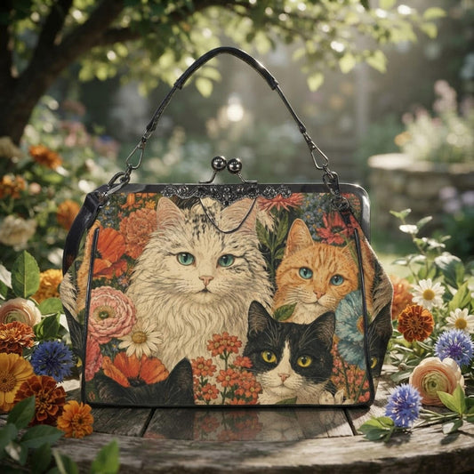 Cat Kiss Lock Bag, Waxed PU Leather Crossbody with Floral Design