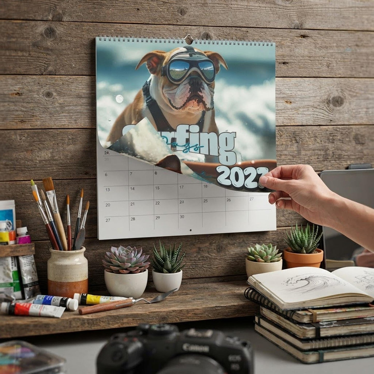 Surfing Dogs Wall Calendar 2027, Spiral Bound With Writable Matte Grids