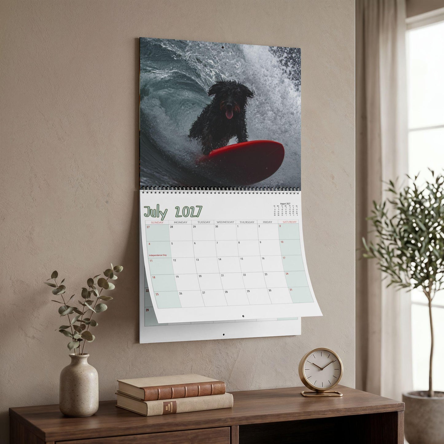Surfing Dogs Wall Calendar 2027, Spiral Bound With Writable Matte Grids