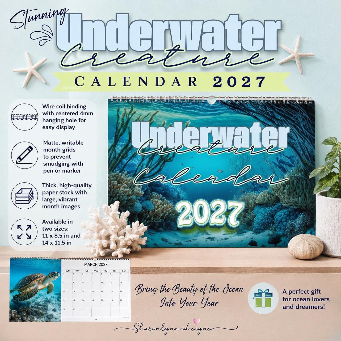 2027 Underwater Creatures Wall Calendar, Blank Matte Grids, Wire Binding