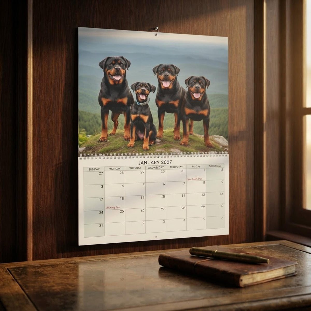 Rottweiler Puppies Wall Calendar 2027, Blank Writable Pages, Spiral Binding, Two Sizes