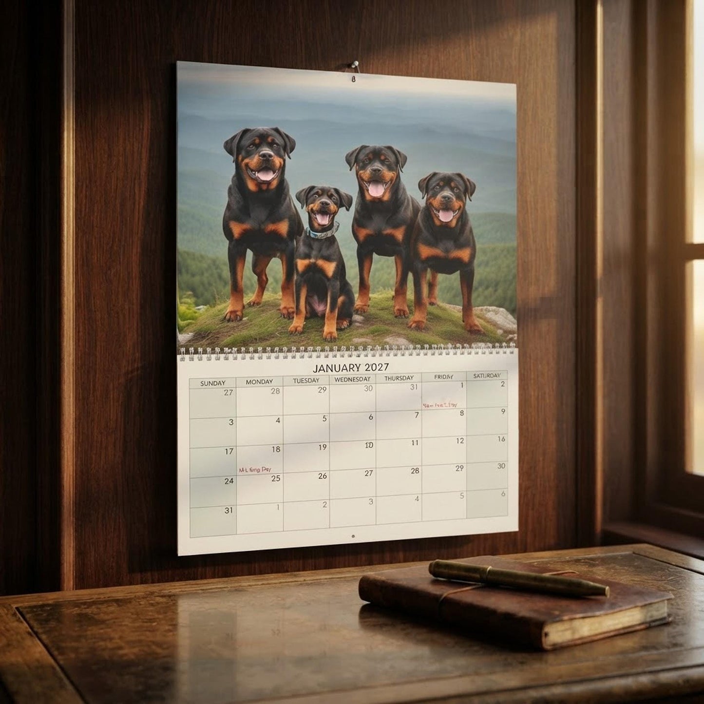 Rottweiler Puppies Wall Calendar 2027, Blank Writable Pages, Spiral Binding, Two Sizes