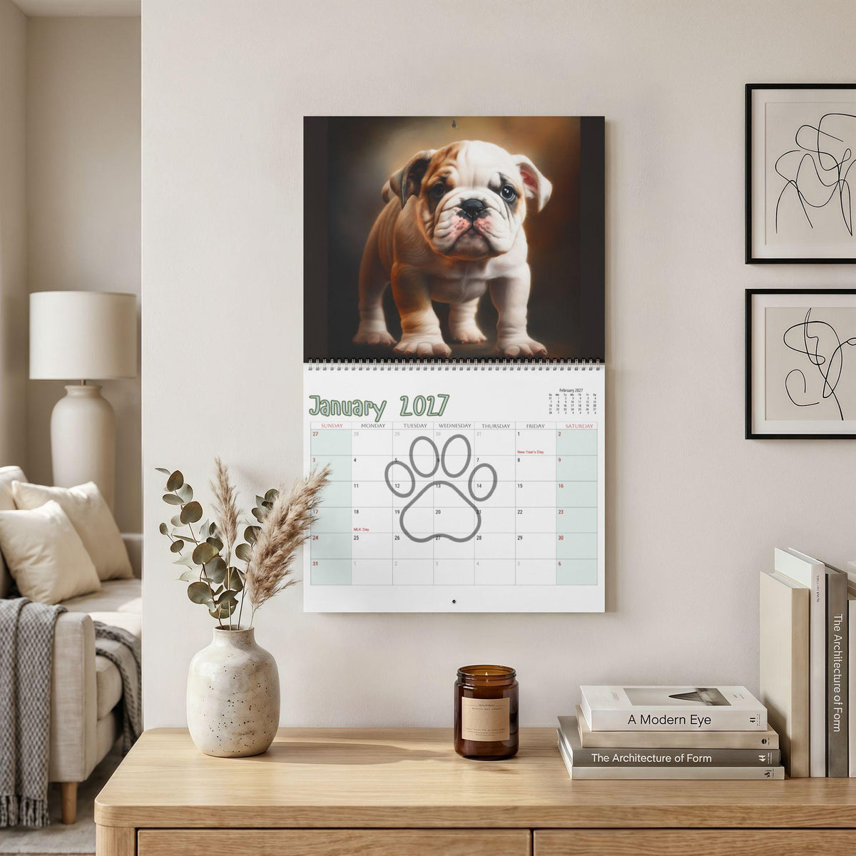 2027 Puppy Portraits Wall Calendar | Customizable Monthly Grids, Matte Paper