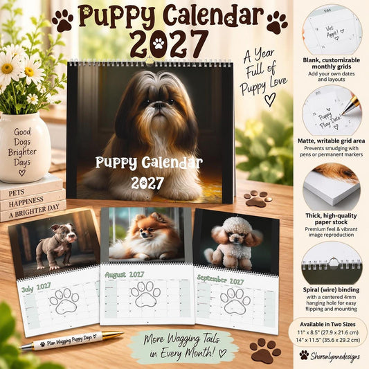 2027 Puppy Portraits Wall Calendar | Customizable Monthly Grids, Matte Paper