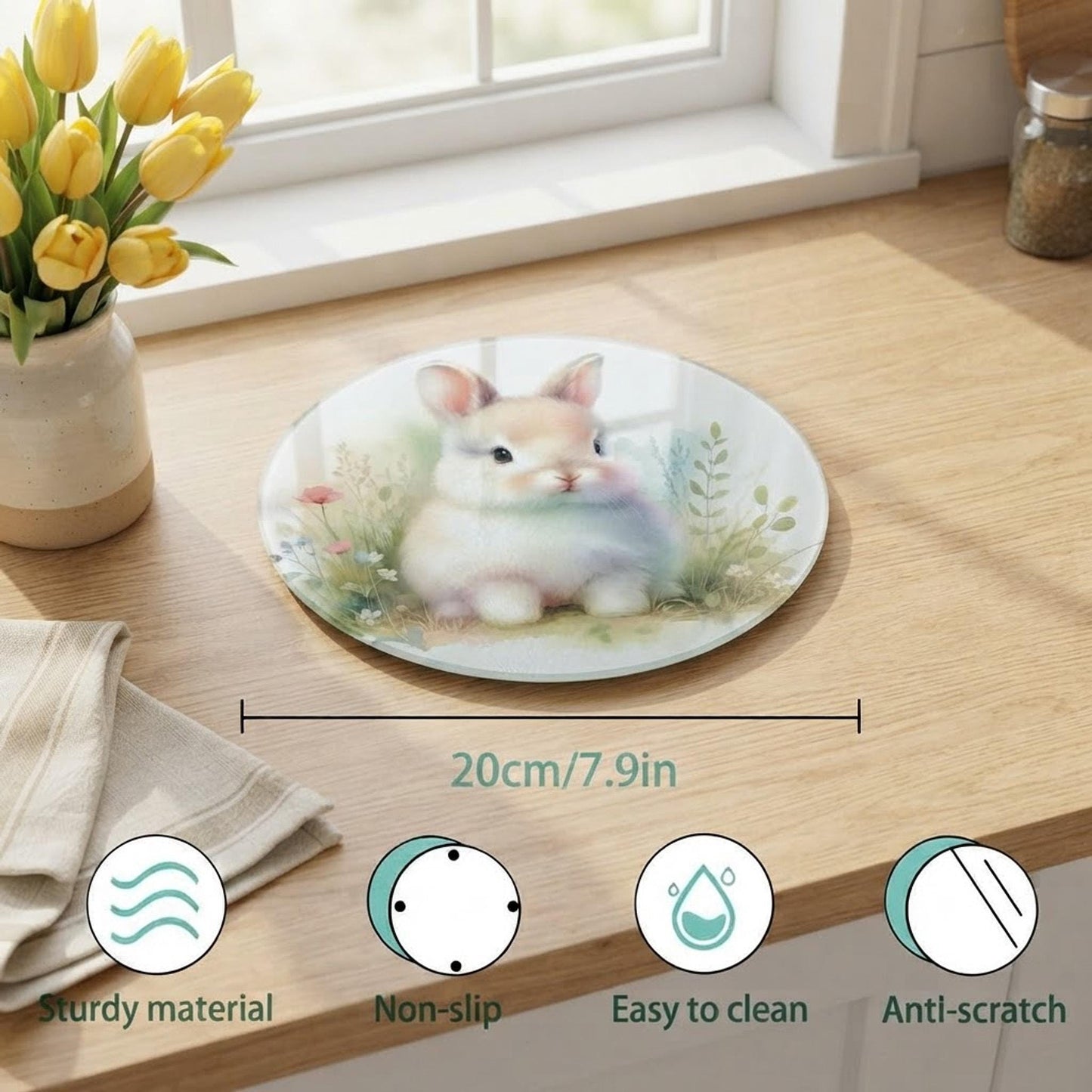 Glass Cutting Board, Bunny Design, 7.9-Inch Round Tempered Surface