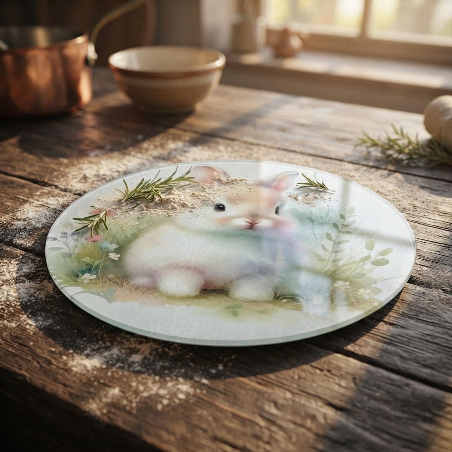Glass Cutting Board, Bunny Design, 7.9-Inch Round Tempered Surface