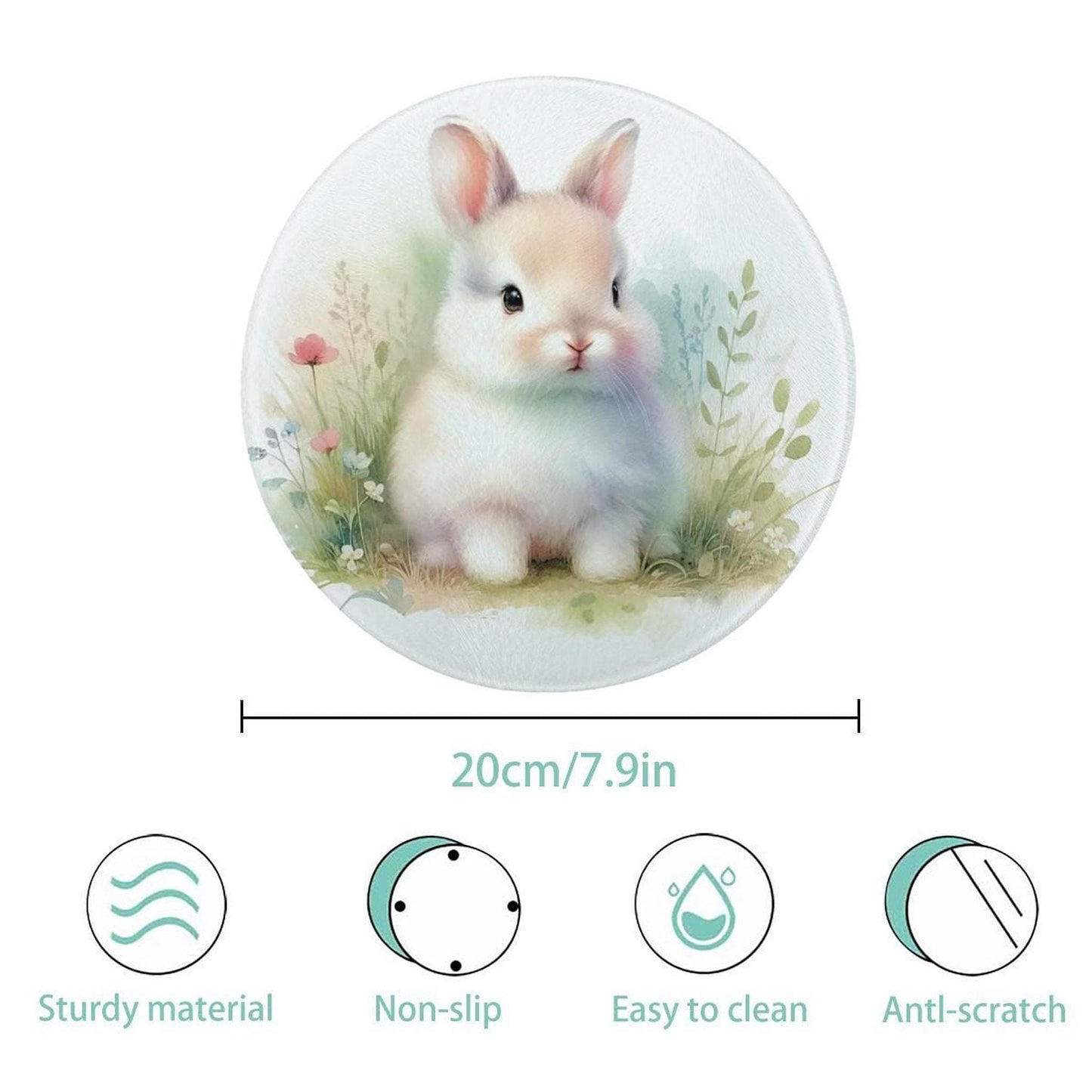 Glass Cutting Board, Bunny Design, 7.9-Inch Round Tempered Surface
