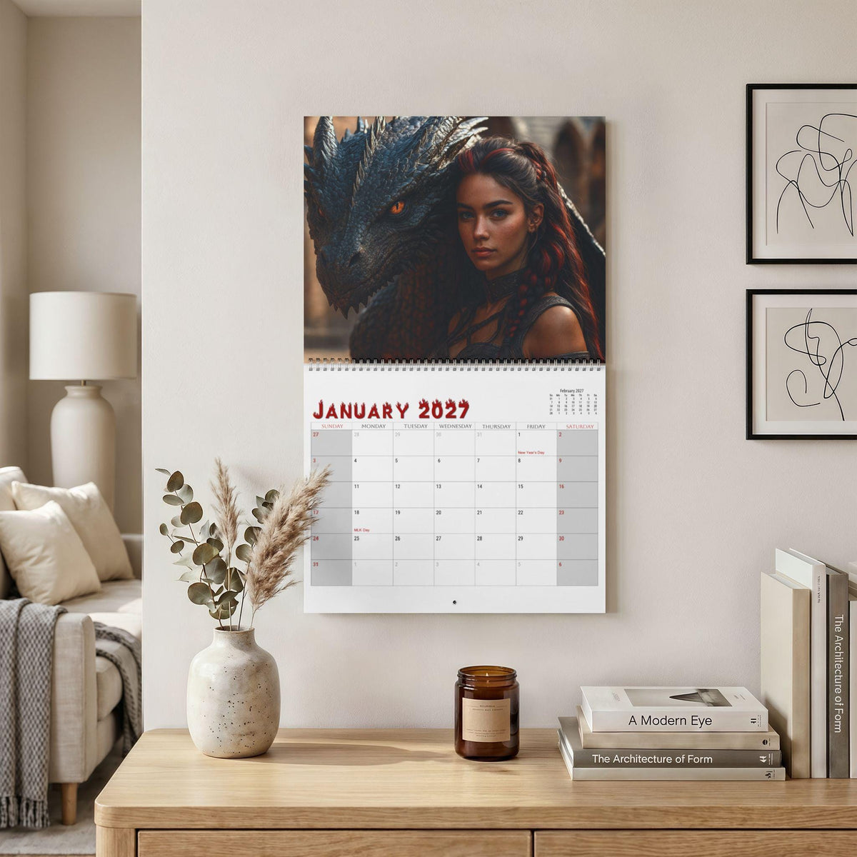 Women & Dragons Wall Calendar 2027, Fantasy Art with Writable Monthly Grids