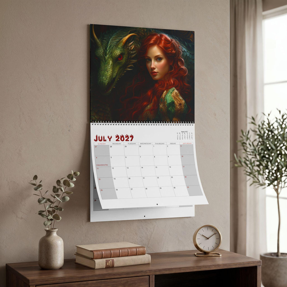 Women & Dragons Wall Calendar 2027, Fantasy Art with Writable Monthly Grids