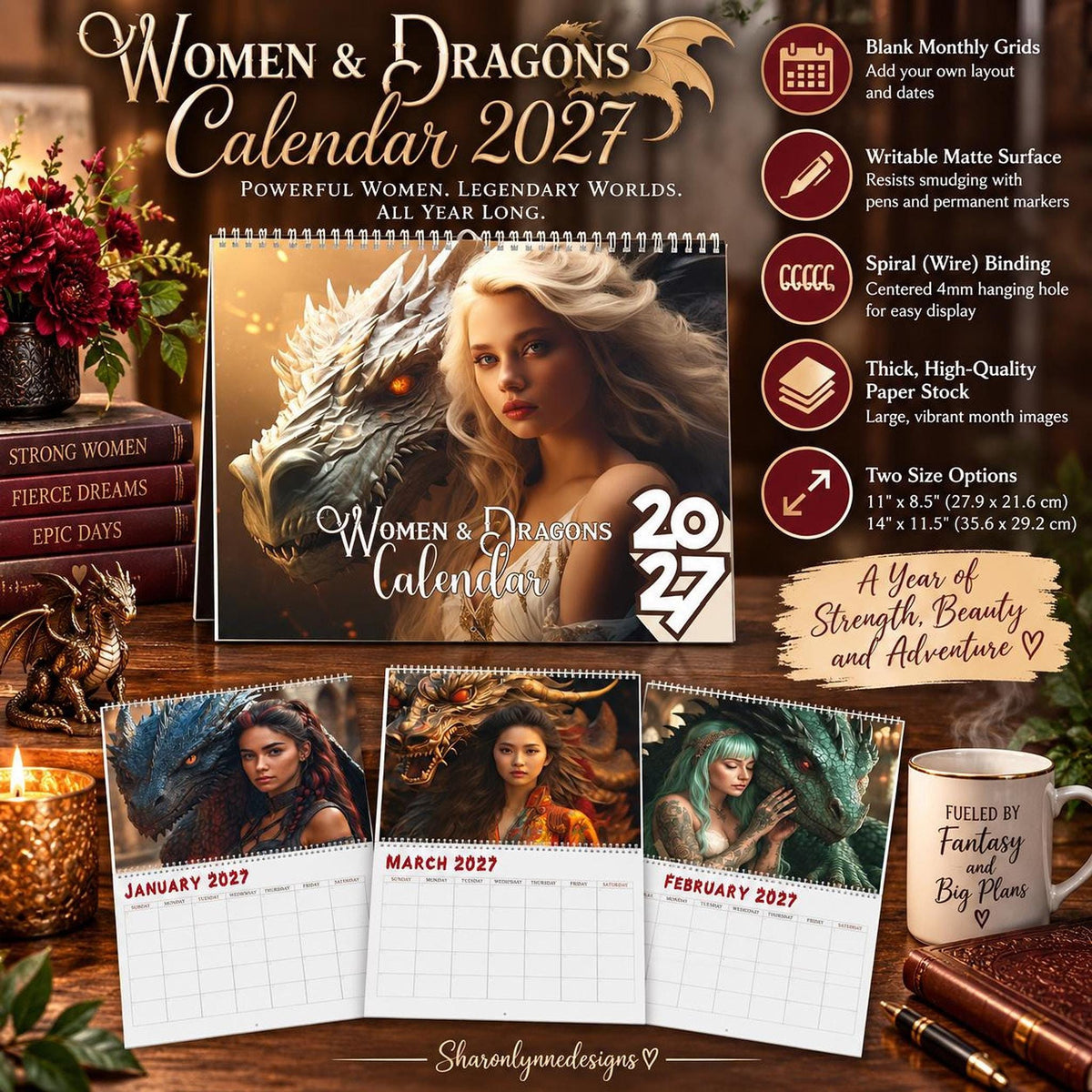 Women & Dragons Wall Calendar 2027, Fantasy Art with Writable Monthly Grids