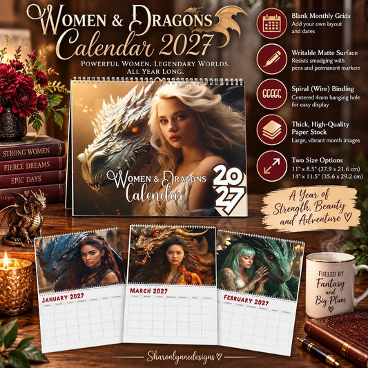 Women & Dragons Wall Calendar 2027, Fantasy Art with Writable Monthly Grids