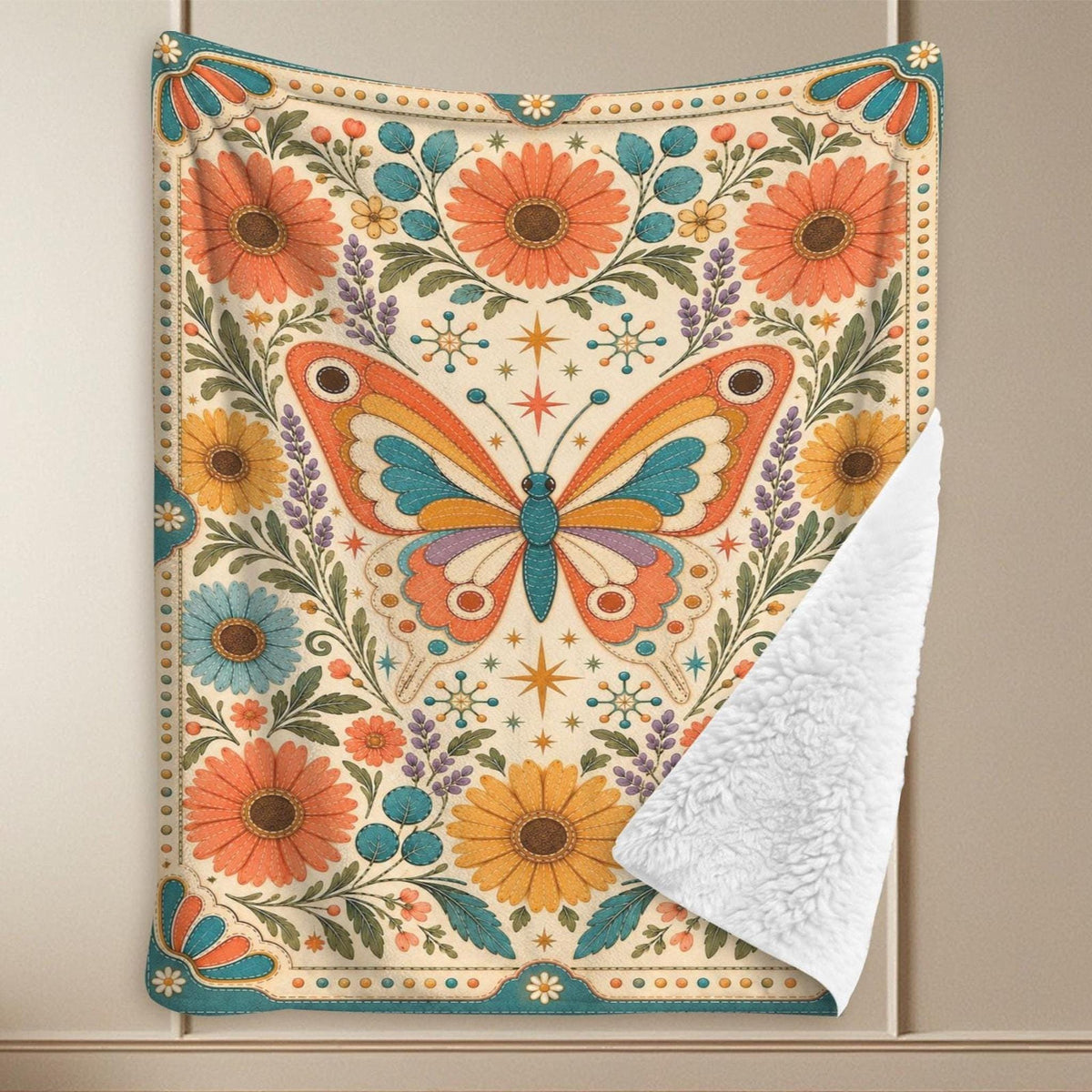 Butterfly Blanket, 90 x 108 Inch Sherpa Fleece with Retro Floral Design