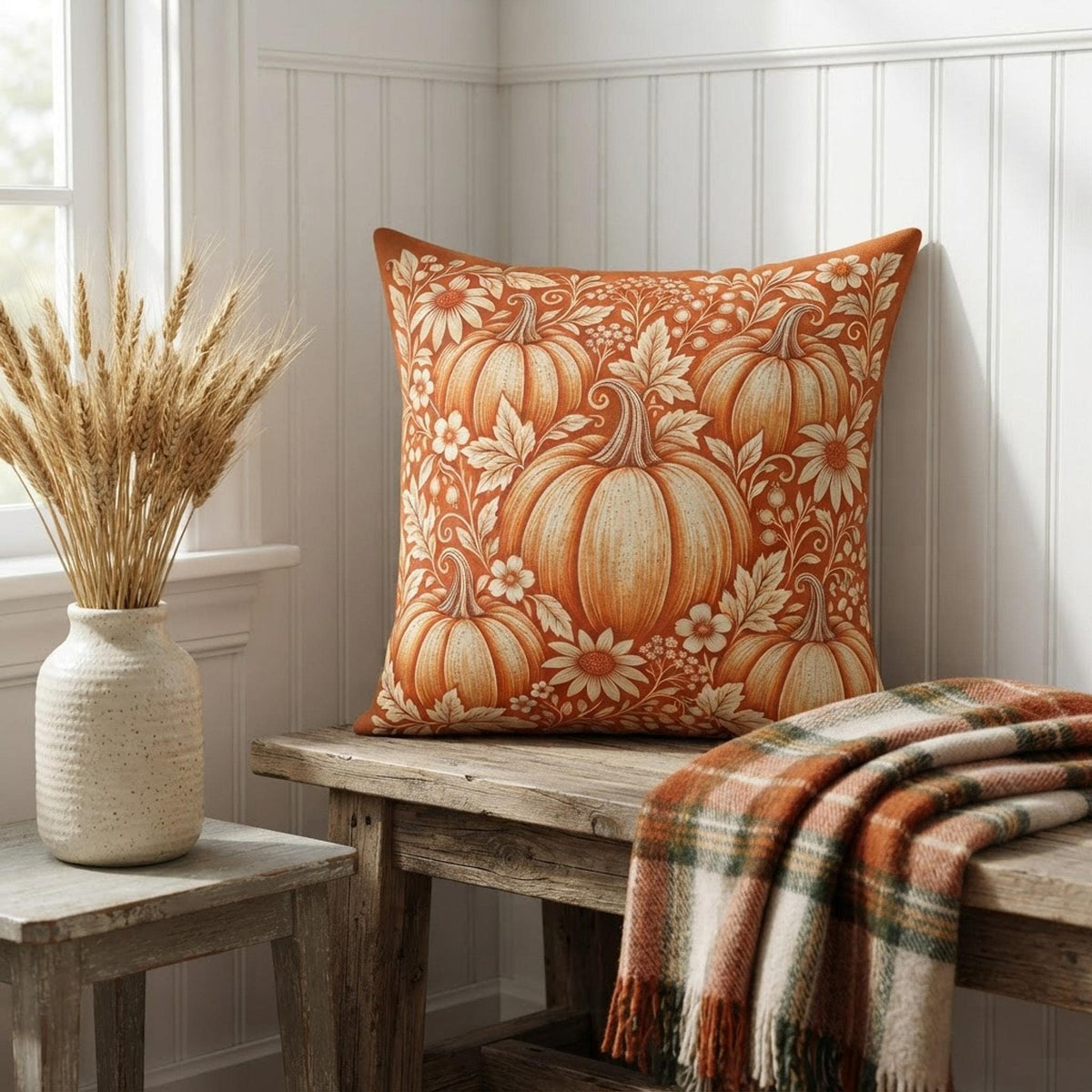 Pumpkin Pillow, Faux Suede Cover with Double-Sided Autumn Print