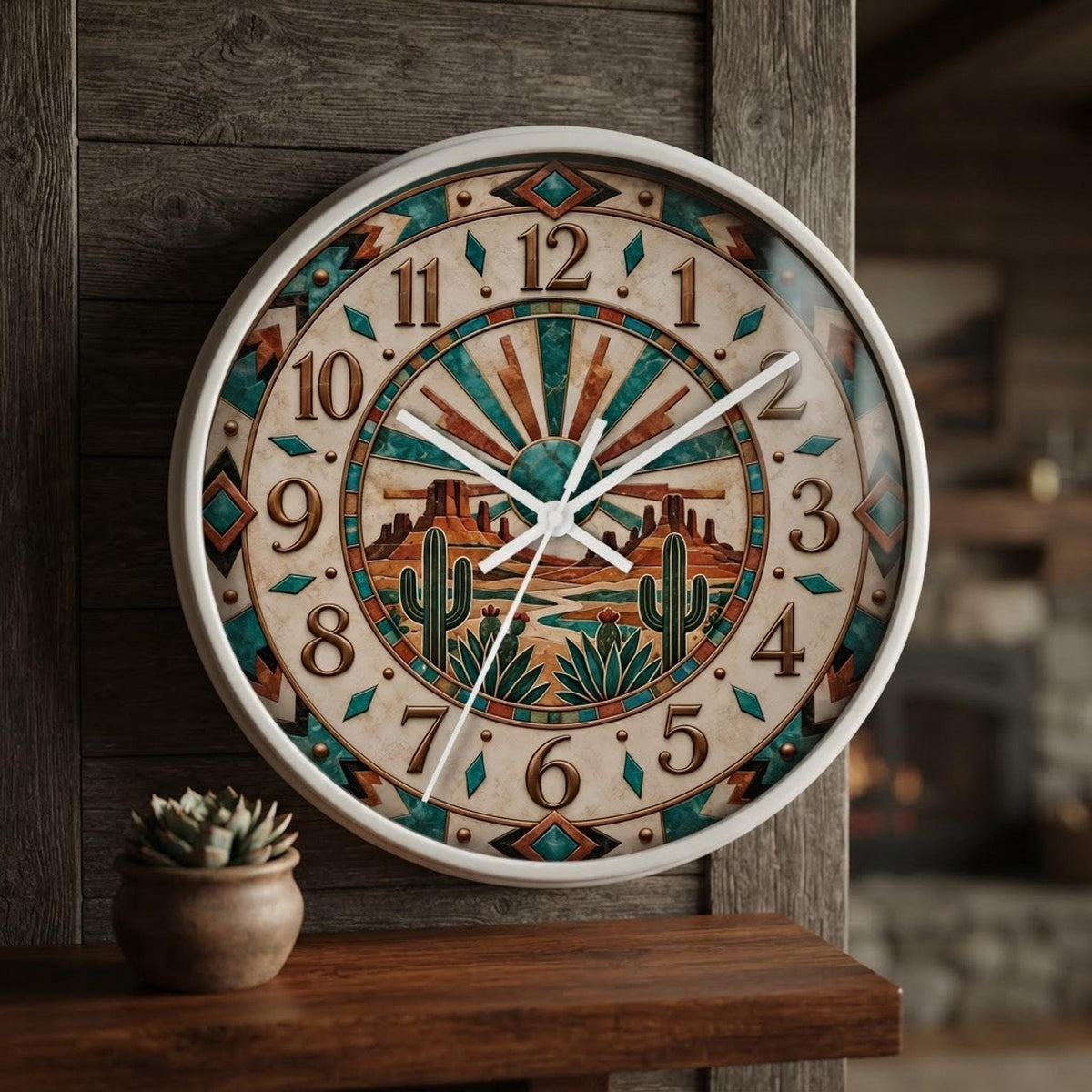 Southwest Desert Sunburst Wall Clock | Cactus Mesa Aztec Tile Design