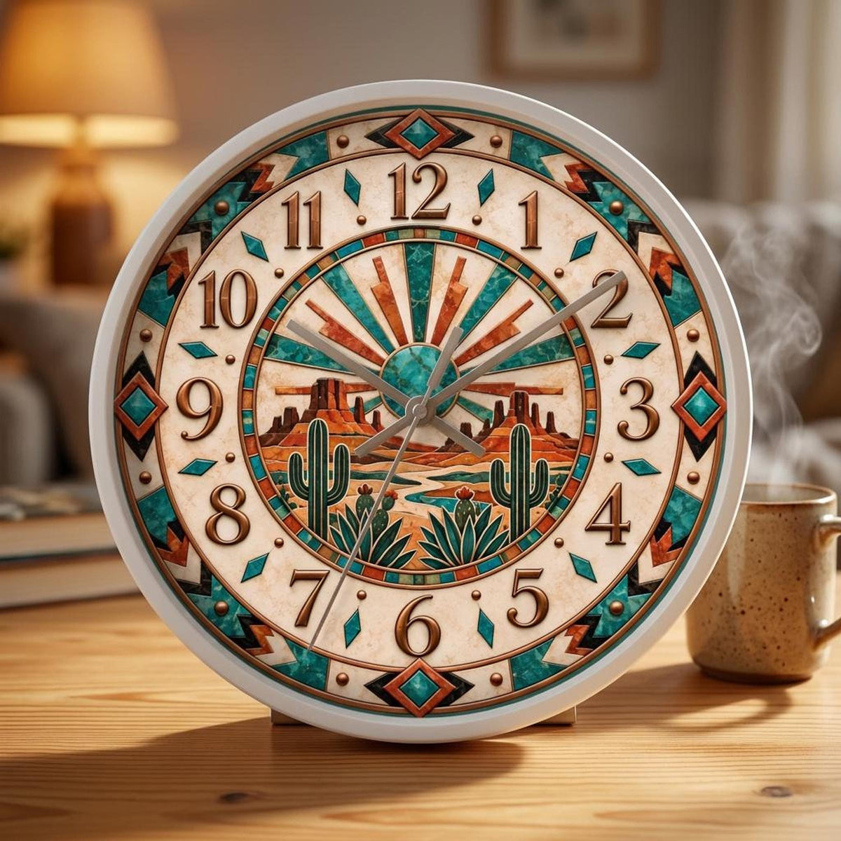Southwest Desert Sunburst Wall Clock | Cactus Mesa Aztec Tile Design