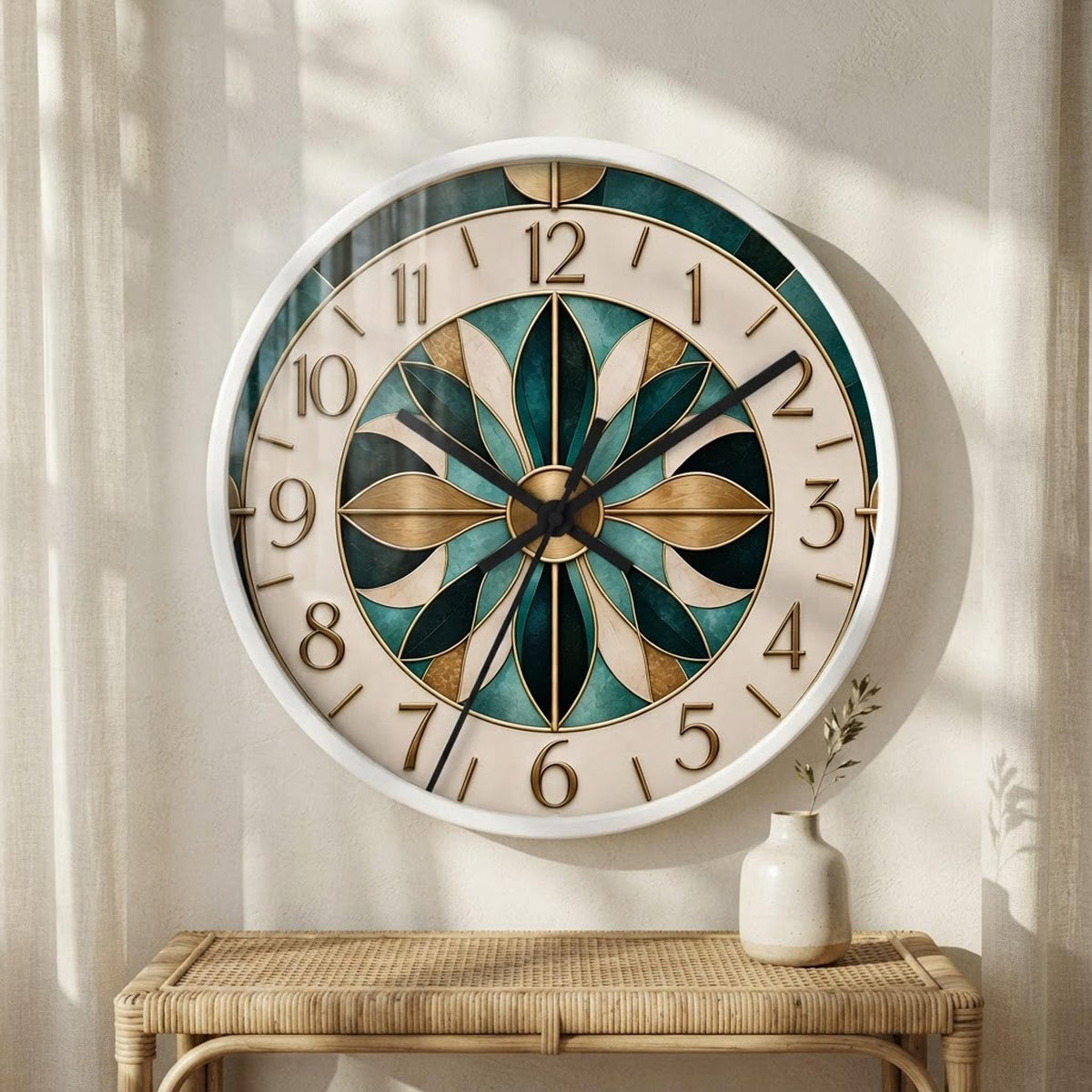 Silent Wall Clock, Teal Gold Mandala with Quartz Movement and Three Frame Options