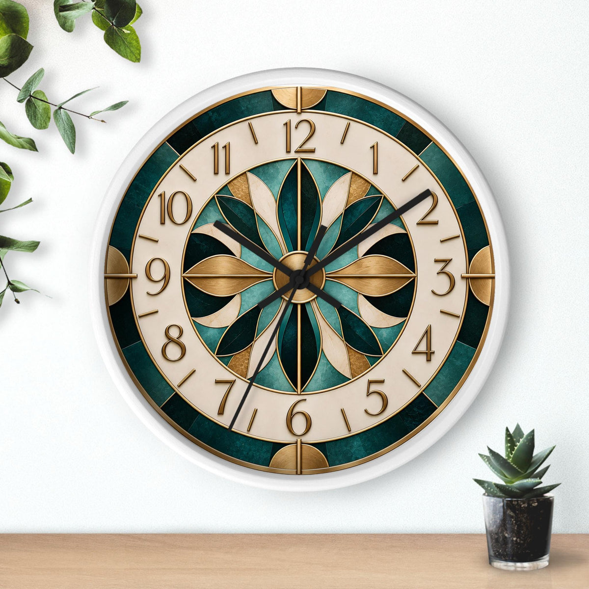 Silent Wall Clock, Teal Gold Mandala with Quartz Movement and Three Frame Options