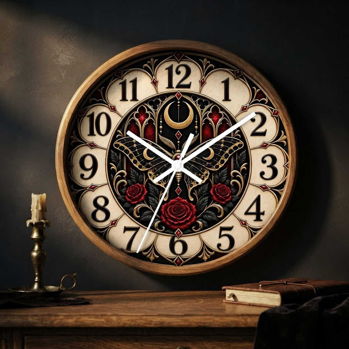 Gothic Wall Clock, Moth Crescent Moon Artwork, 10-Inch Plexiglass Face, Silent Wooden Frame