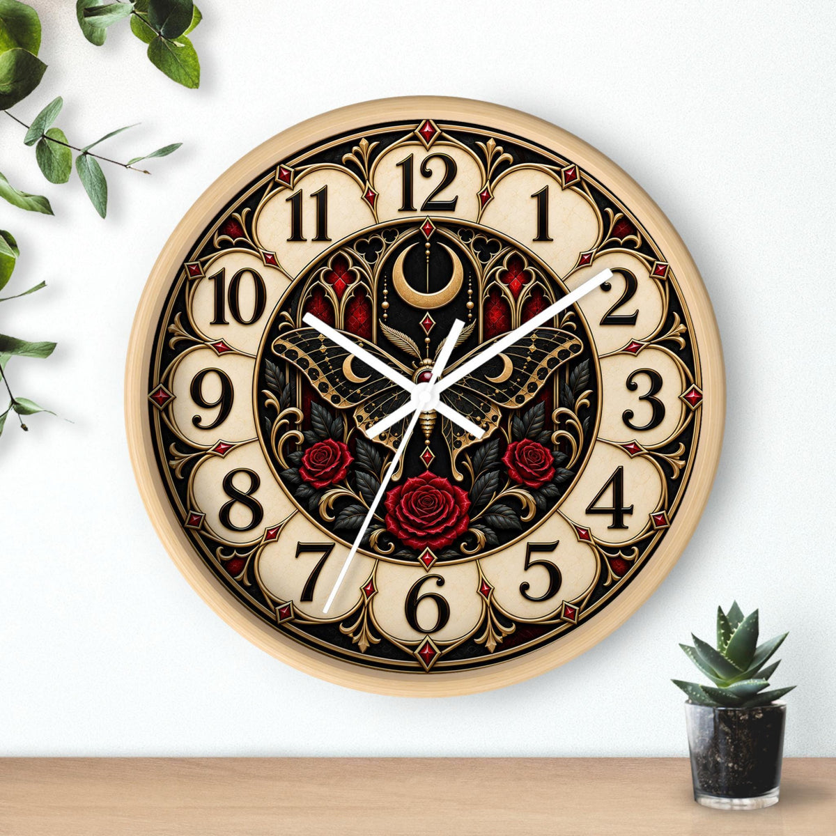 Gothic Wall Clock, Moth Crescent Moon Artwork, 10-Inch Plexiglass Face, Silent Wooden Frame