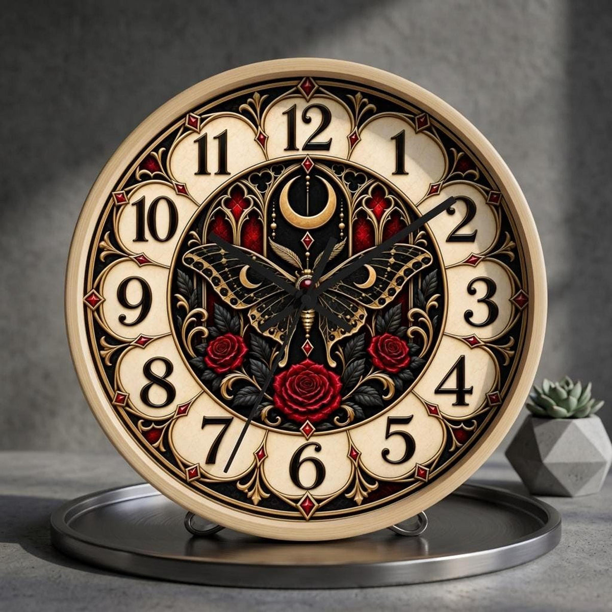 Gothic Wall Clock, Moth Crescent Moon Artwork, 10-Inch Plexiglass Face, Silent Wooden Frame