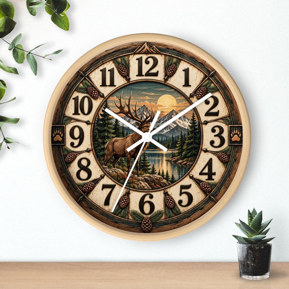 Elk Mountain Wall Clock, 10-Inch 100% Wood Frame with Silent Movement