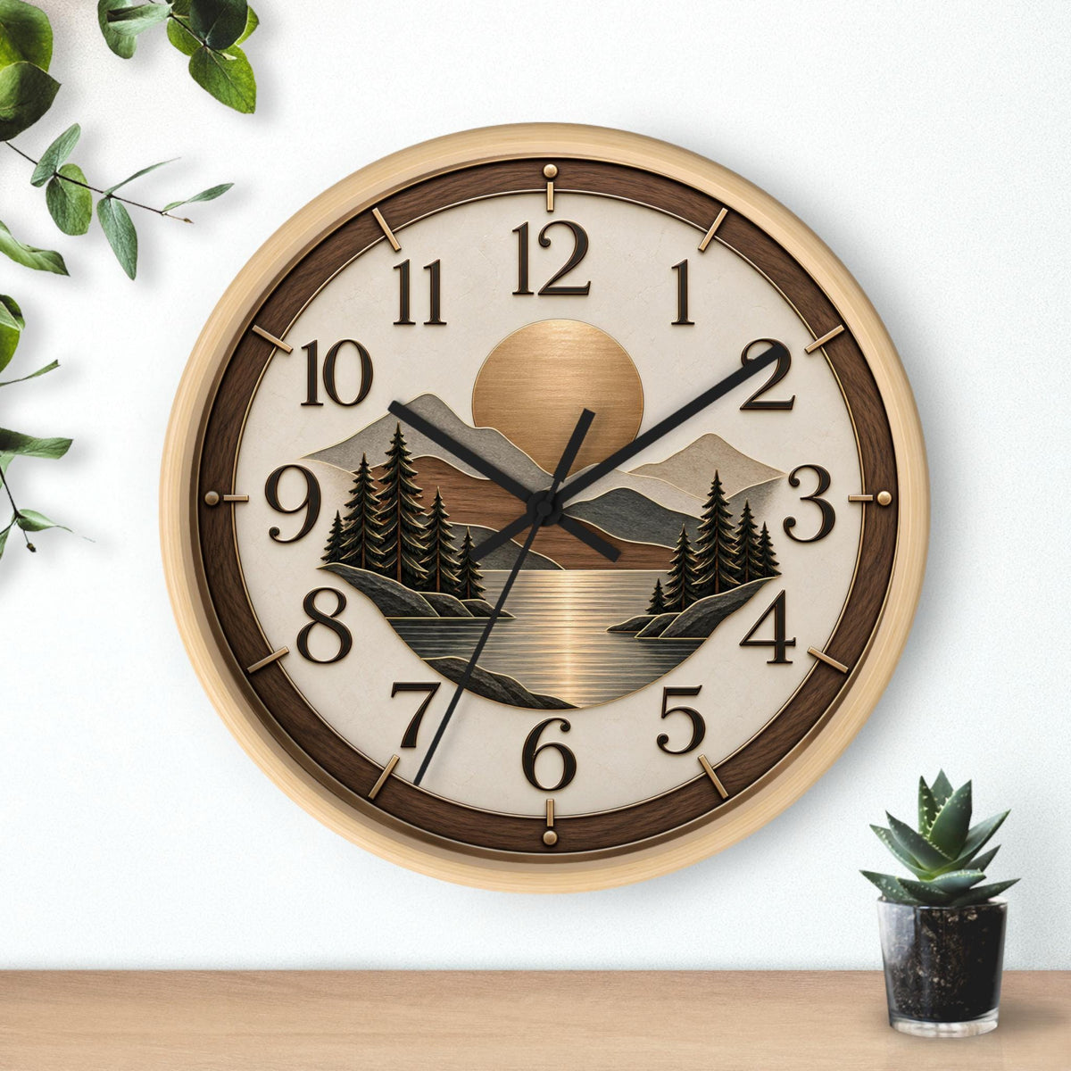 Woodland Sunset landscape Wall Clock | Mountain Lake Pines, Rustic Home Decor