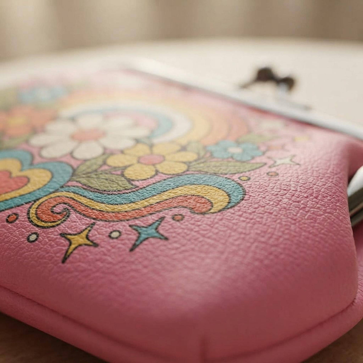 Retro Rainbow Coin Purse, Floral Microfiber PU Leather Kiss Lock Closure