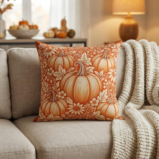Pumpkin Pillow, Faux Suede Cover with Double-Sided Autumn Print