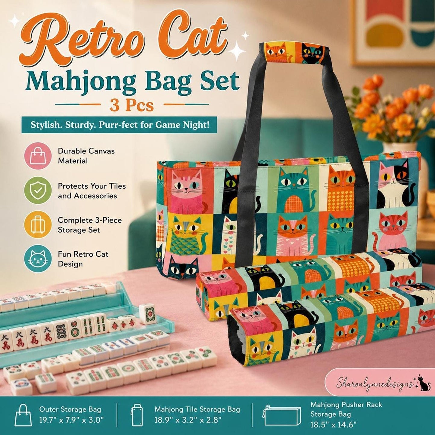 Retro Cat Mahjong Bag Set, 3-Piece Canvas Storage System