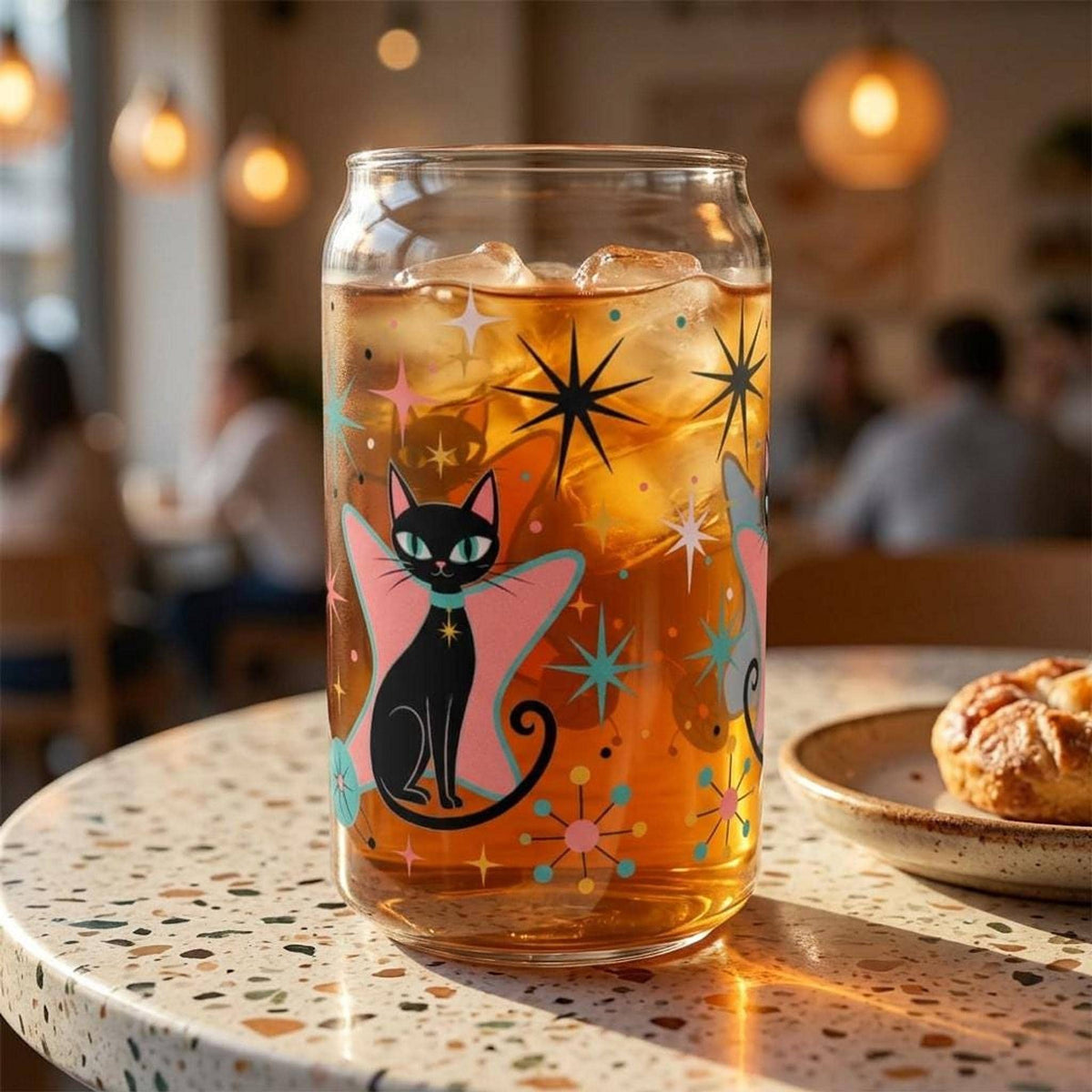 Retro Cat Tumbler, 16oz Clear Sipper Glass with Bamboo Lid and Straw