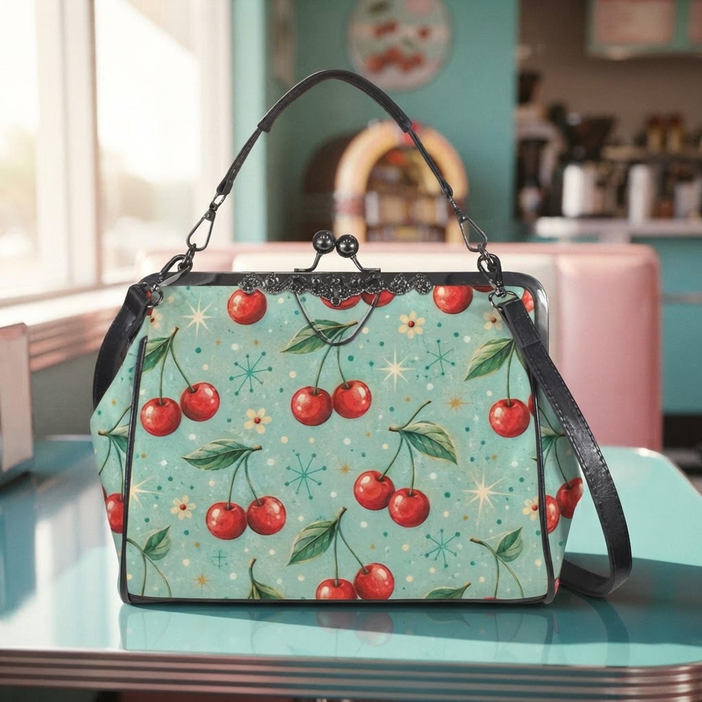 Aqua Retro Cherry Crossbody Bag, Water-Repellent Waxed PU Leather
