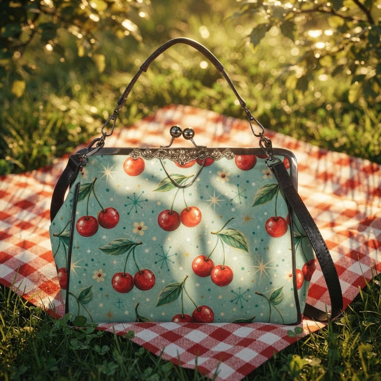 Aqua Retro Cherry Crossbody Bag, Water-Repellent Waxed PU Leather
