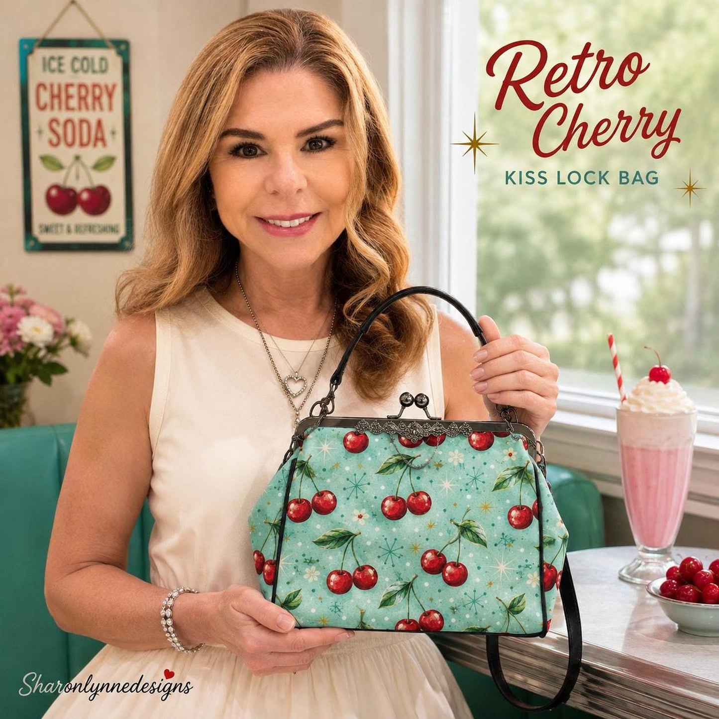 Aqua Retro Cherry Crossbody Bag, Water-Repellent Waxed PU Leather