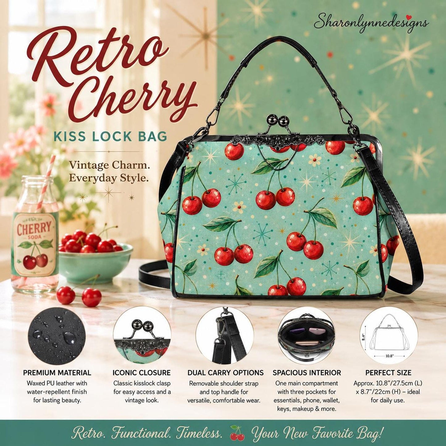 Aqua Retro Cherry Crossbody Bag, Water-Repellent Waxed PU Leather