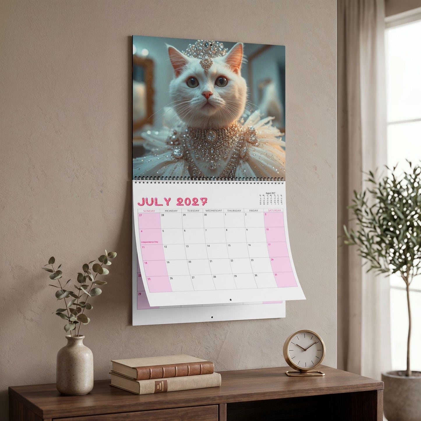 Cat Wall Calendar, Monthly Spiral Wire Binding with Writable Matte Grids