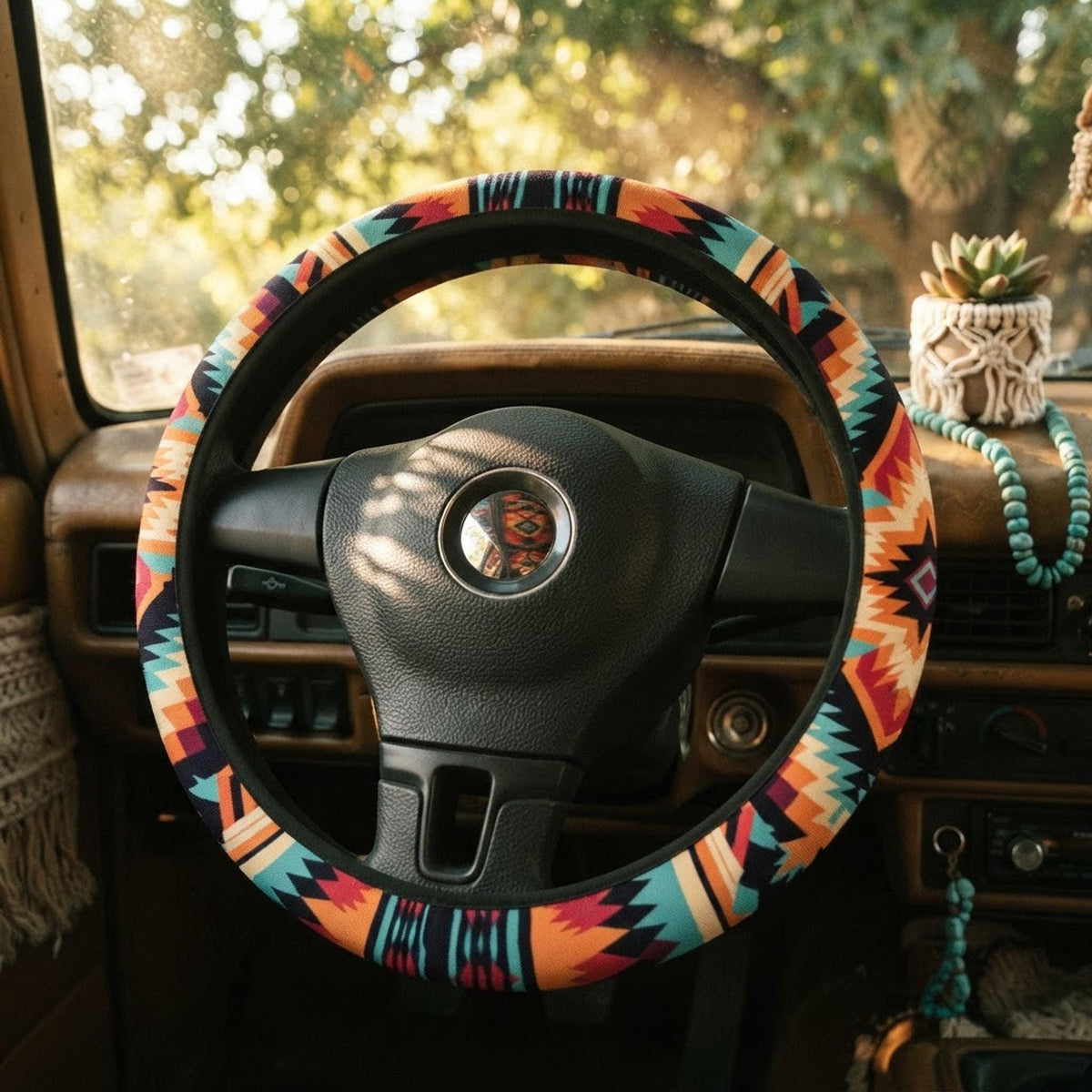 Aztec Steering Cover, Durable Neoprene Wheel Protector with Tribal Design