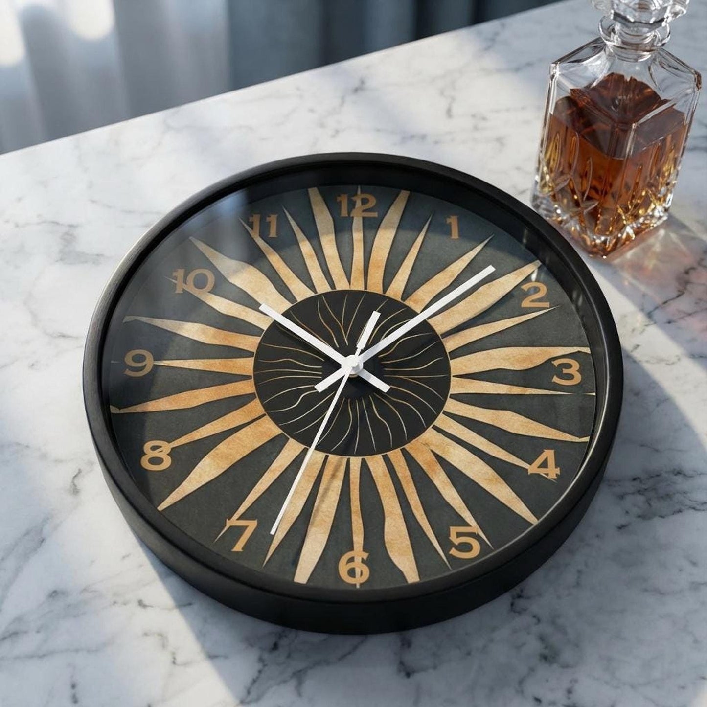 Retro Starburst Wall Clock, Wooden Frame with Clear Plexiglas Face, Silent Mechanism