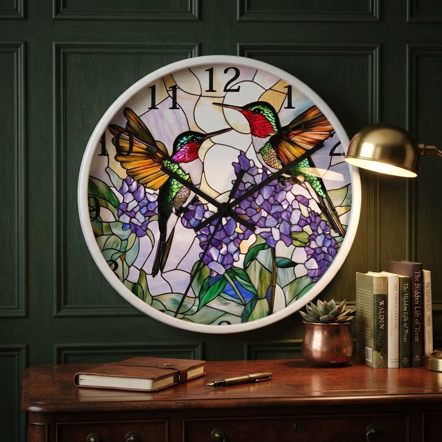 Silent Wall Clock With Colorful Hummingbird Design, 10 x 10 Inch, Plexiglass And Wood