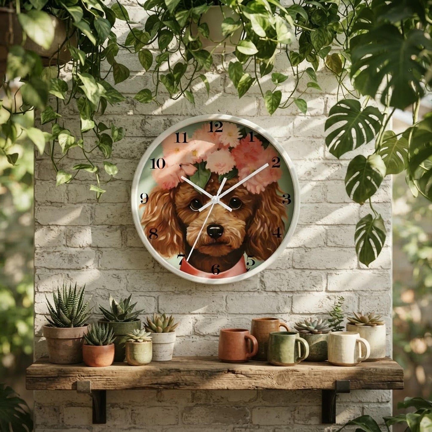 Miniature Whimsical Poodle Wall Clock, Wood And Plexiglass, Silent Mechanism