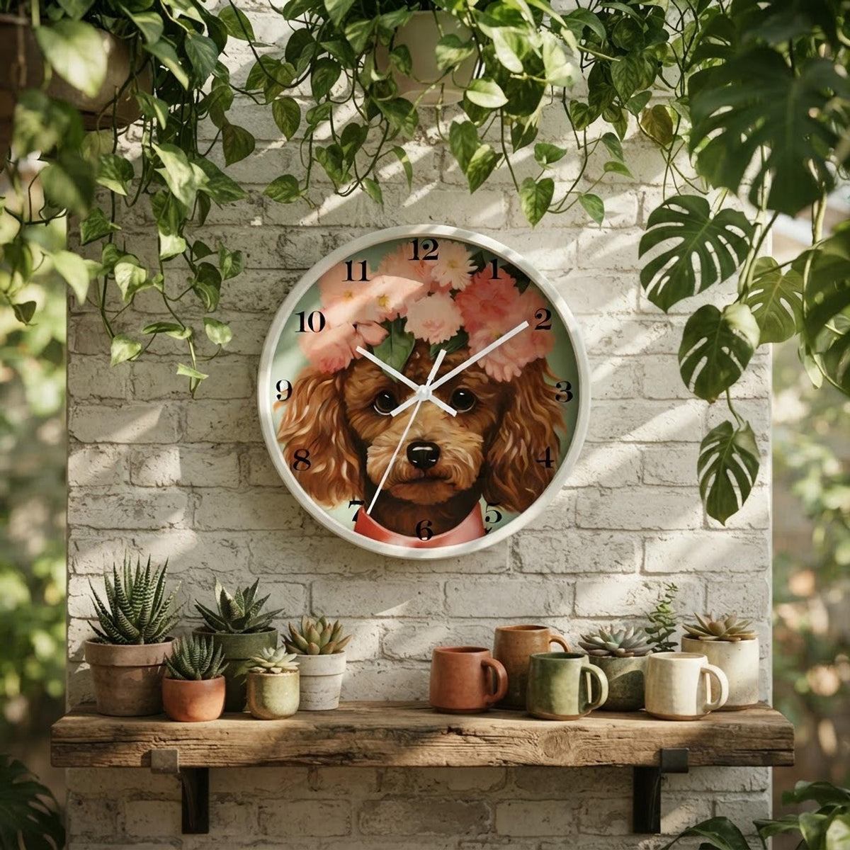 Miniature Whimsical Poodle Wall Clock, Wood And Plexiglass, Silent Mechanism