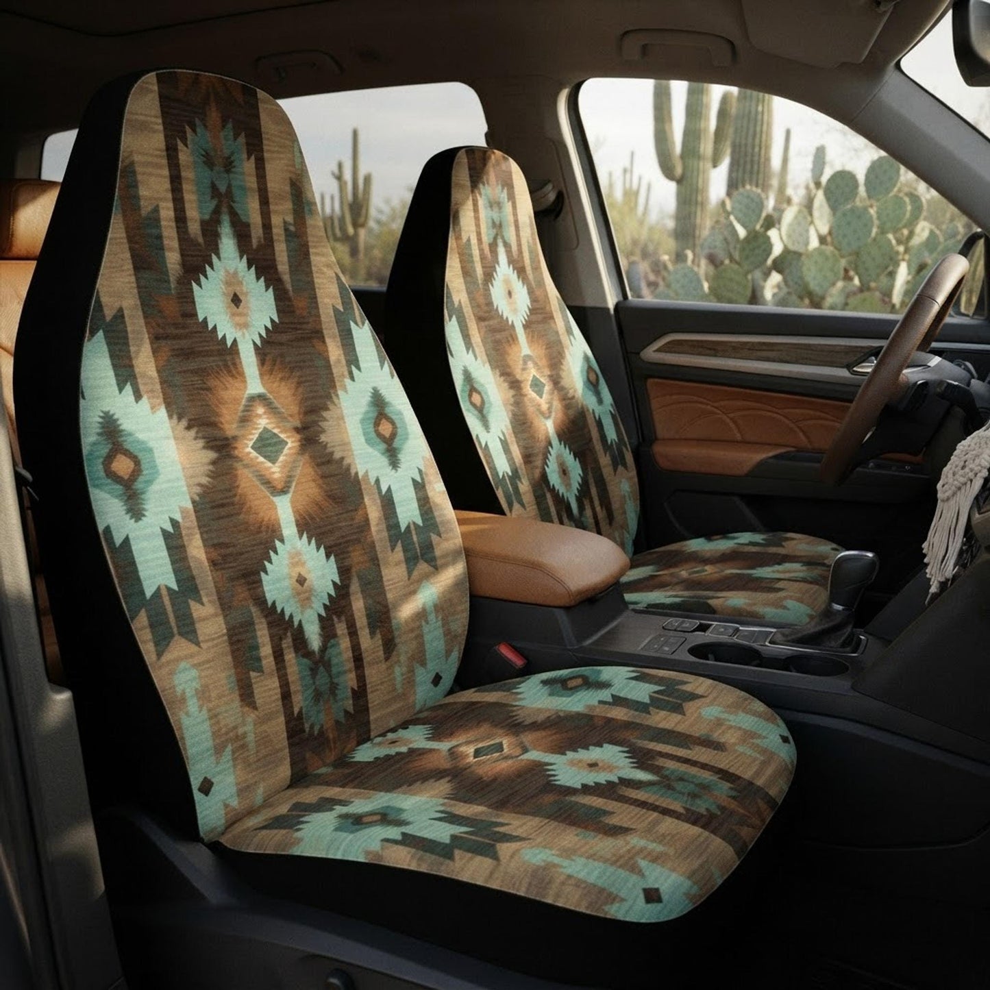 Car Seat Covers, Blue And Brown Polyester Set with Elastic Fastening