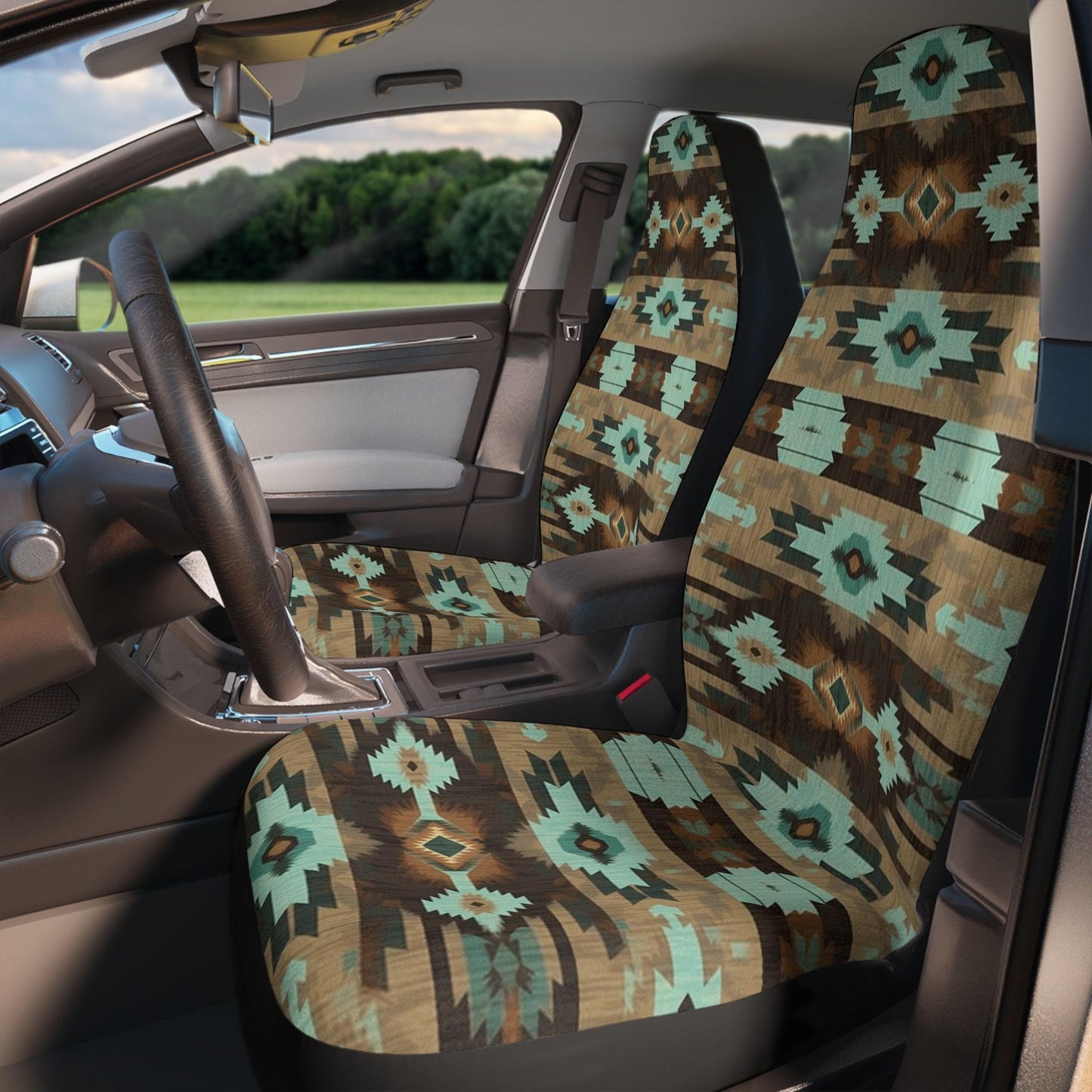 Car Seat Covers, Blue And Brown Polyester Set with Elastic Fastening