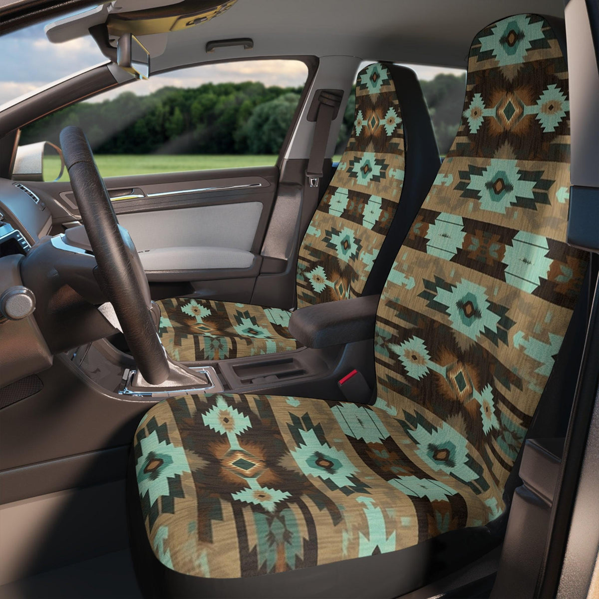 Car Seat Covers, Blue And Brown Polyester Set with Elastic Fastening