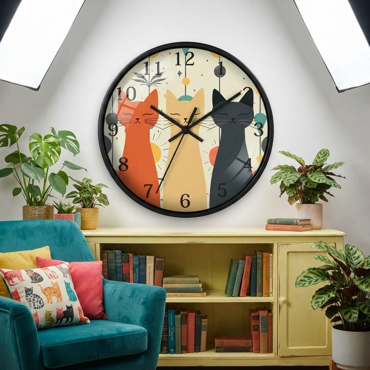 Retro Cat Silent Wall Clock, Whimsical Feline Design, Plexiglass Face, 10 Inches