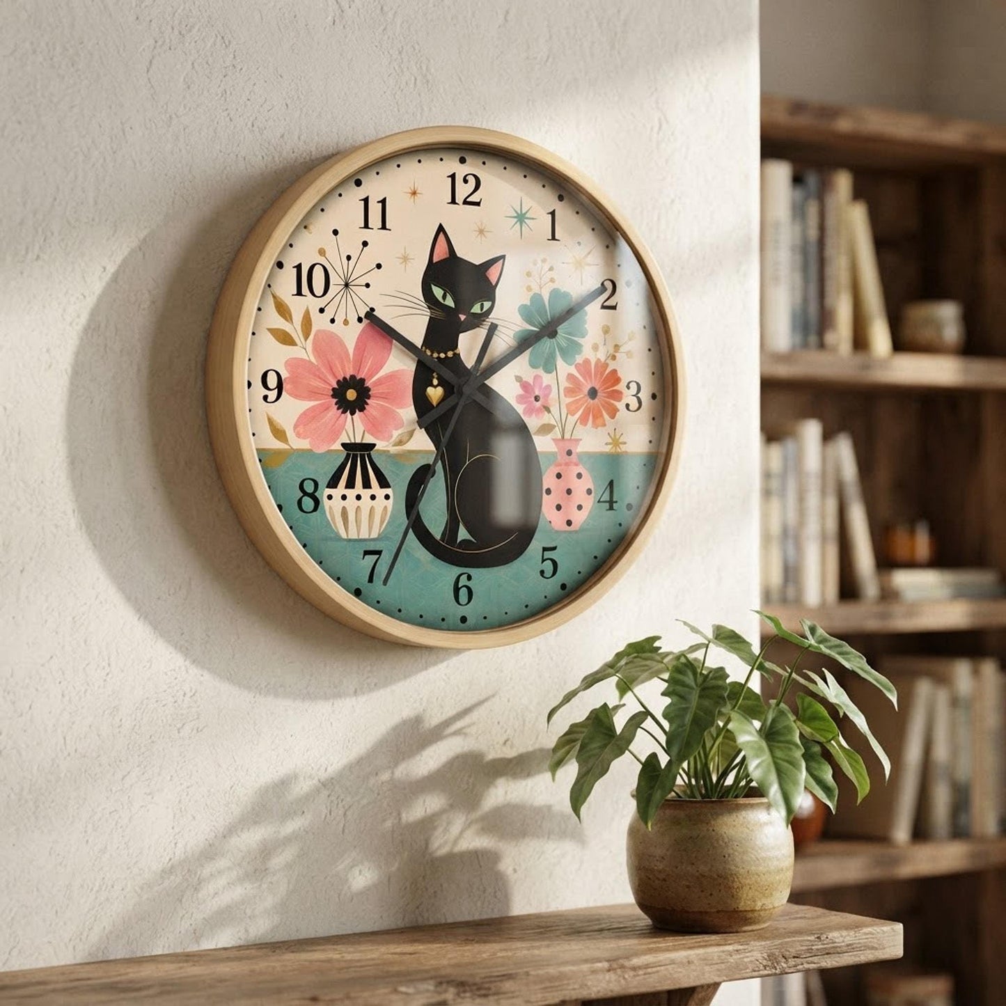 Silent Wall Clock, Mid-Century Floral Cat Design, 100% Wood Frame 10 x 10