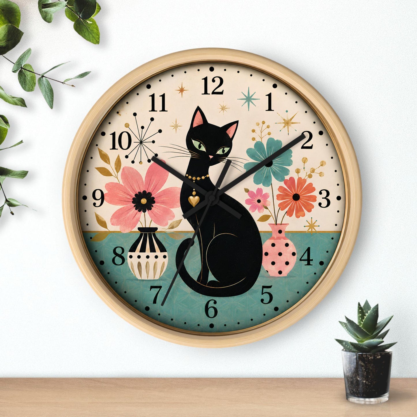 Silent Wall Clock, Mid-Century Floral Cat Design, 100% Wood Frame 10 x 10