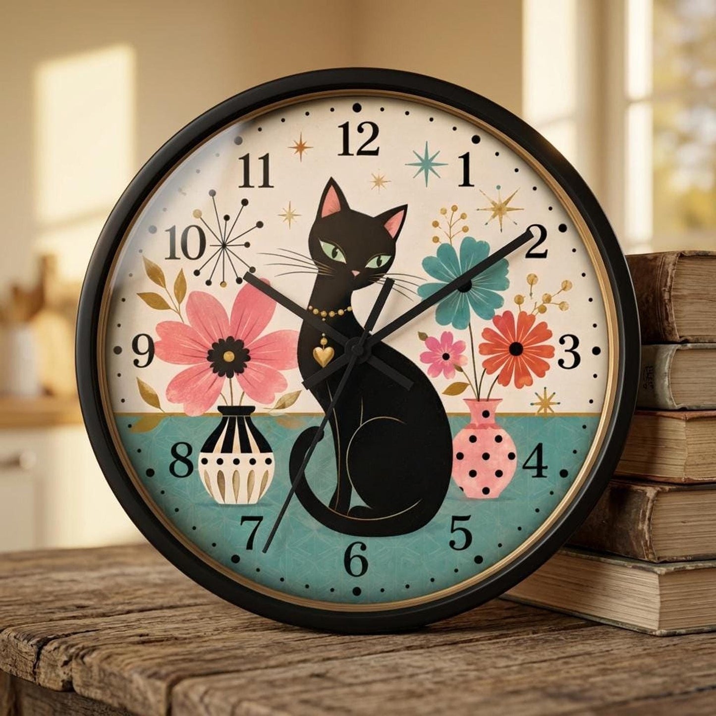 Silent Wall Clock, Mid-Century Floral Cat Design, 100% Wood Frame 10 x 10